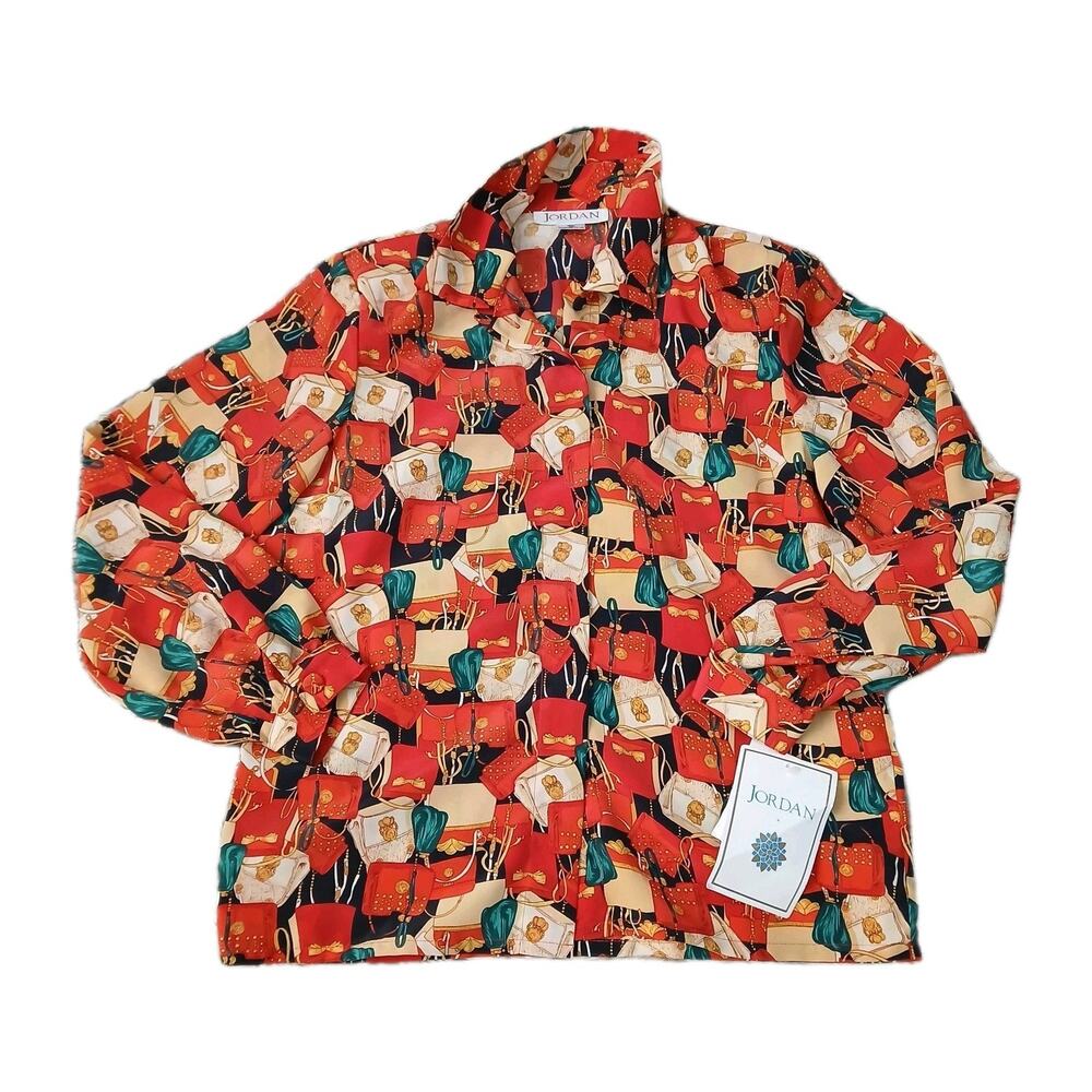 VTG Jordan Blouse Sz 10 Made in Korea Purse Novelty Print Button Down Shirt 80s
